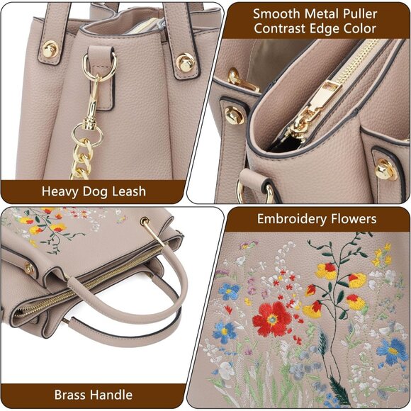 Women's Tan Embroidered Designer Soft Vegan Leather Top Shoulder Handle Bag - Picture 5 of 9